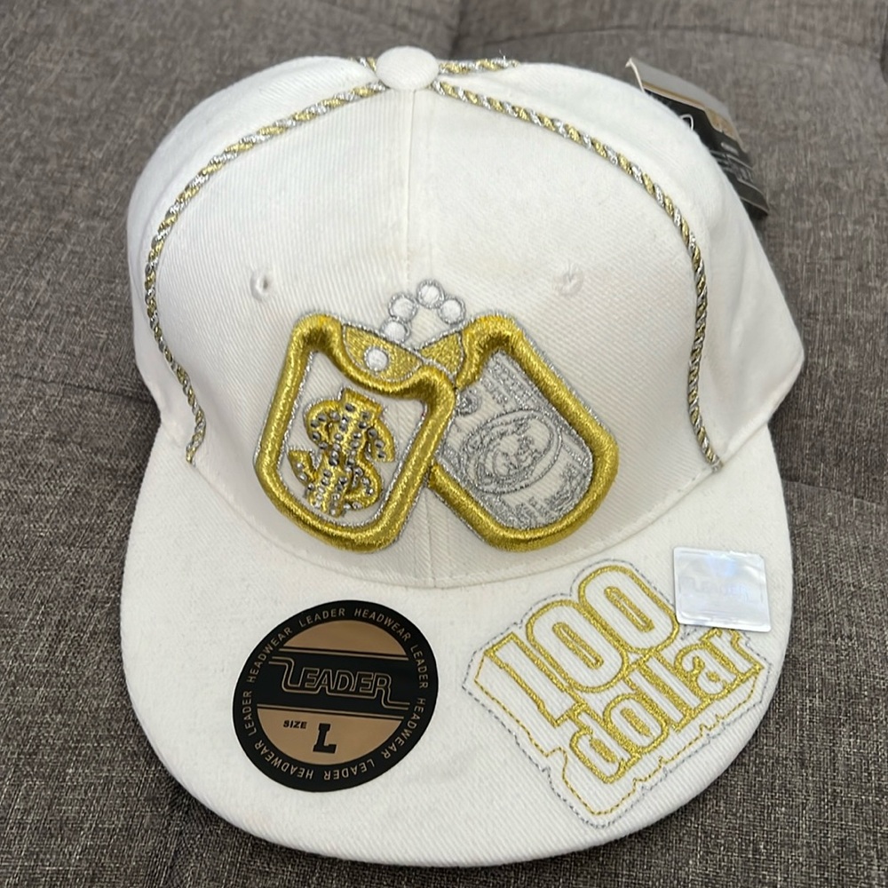 $100 Bill Leader Hat w/dog-tags on the front and money sign on the back. NWT.